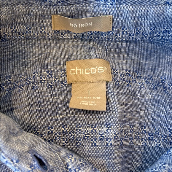 Chico’s Linen Button Down Shirt Womens Size 1 Blue Patterned No Iron EUC - Picture 2 of 6